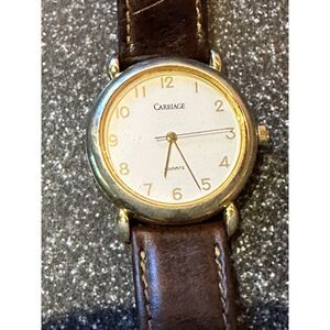 Vintage Carriage by Timex Two Tone Quartz Watch Brown Leather Strap Untested